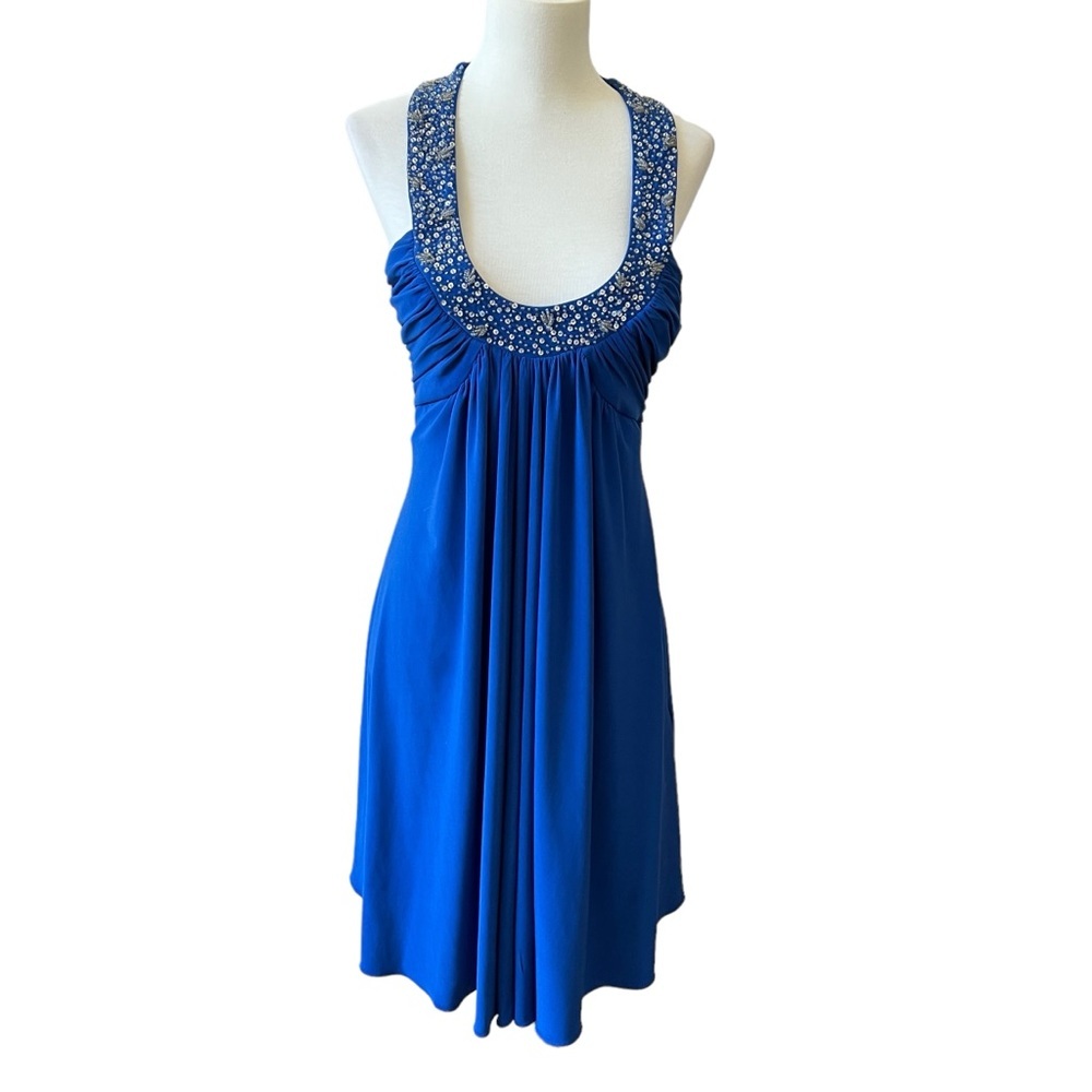 JS BOUTIQUE DRESS HALTER ROUND JEWELED NECKLINE FLOWY KNEE LENGTH STRETCHY 6